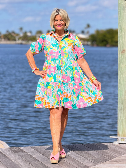 Fashion-W Floral Short Sleeve Buttoned Babydoll BOHO Dress
