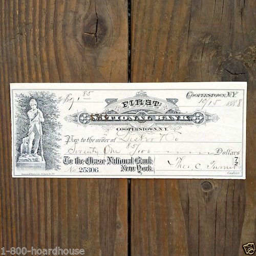 COOPERSTOWN New York Business Check 1880s