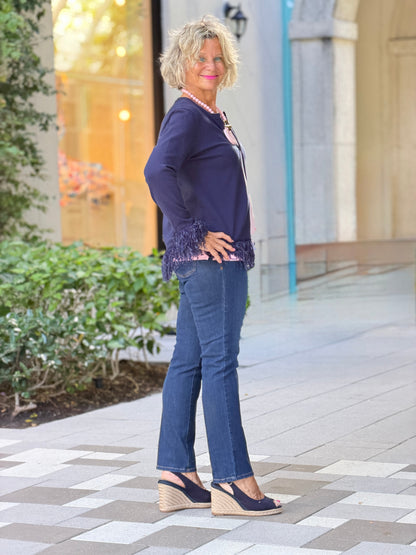 LULU-B NAVY CASHMERE FRINGE FANCY CARDIGAN