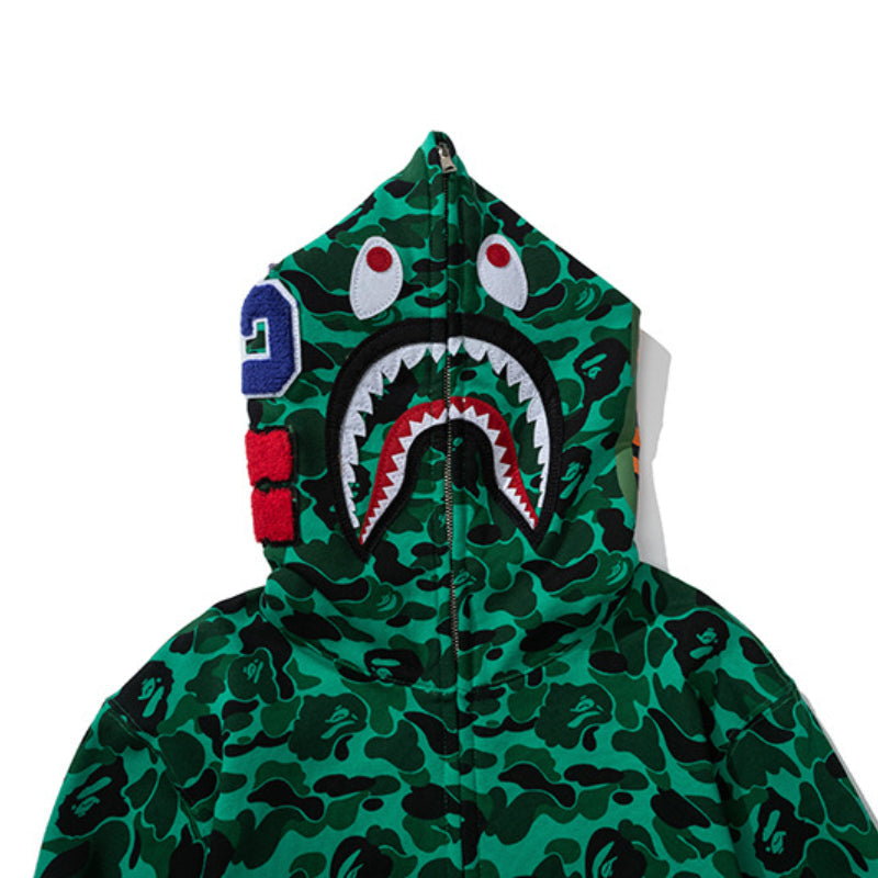 Bathing Ape Hoodie Shark Dark Green Camo Fleece Hooded Cardigan Sweater Jacket