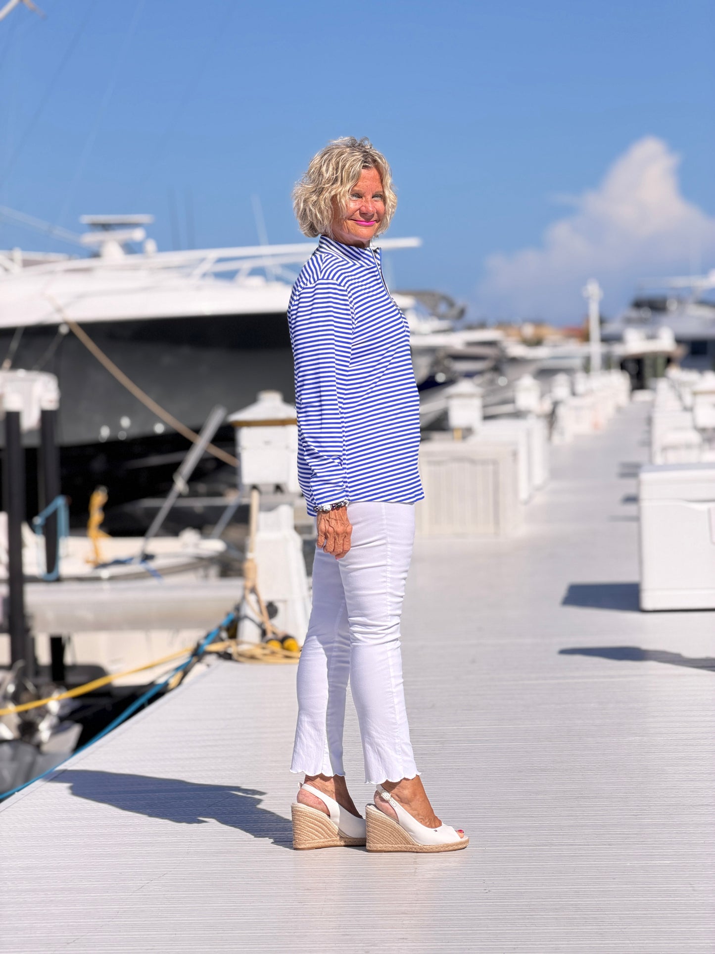 HARBOR BLUE STRIPED HALF ZIPPER TOP
