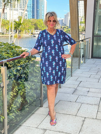 LULU B MIDNIGHT REEF ELBOW SLEEVE DRESS