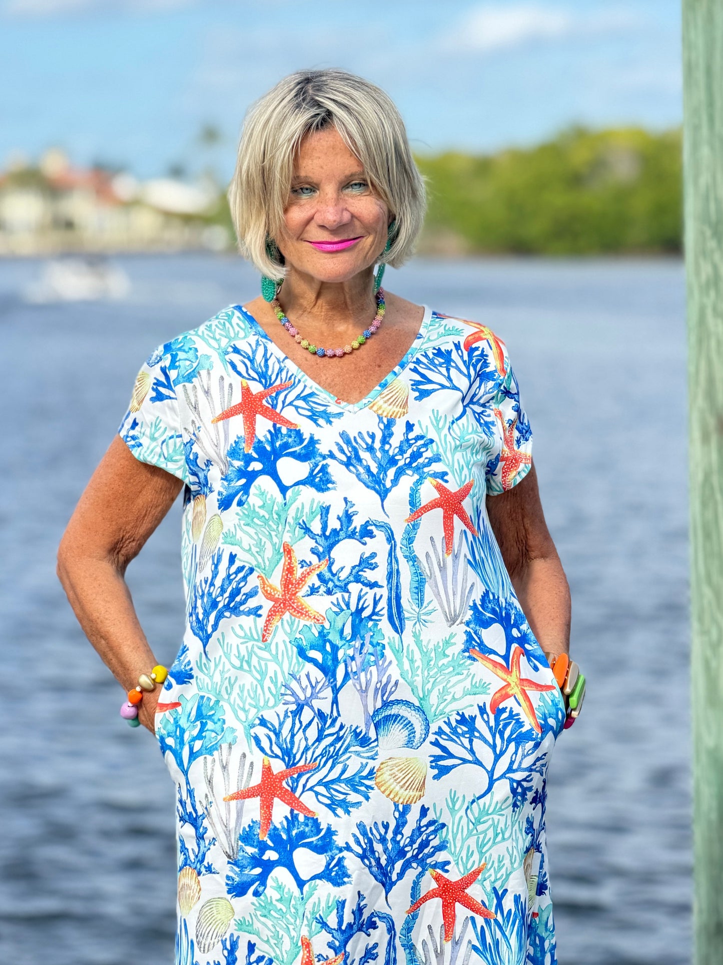 CORAL REEEF V NECK SLEEVE UPF + 50 DRESS