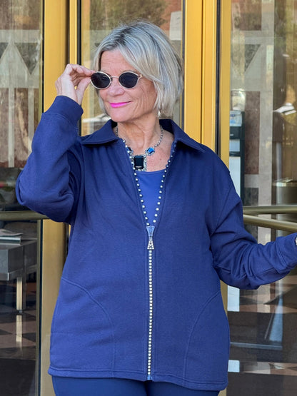 Crystal Zipper Cardigan with Collar Navy