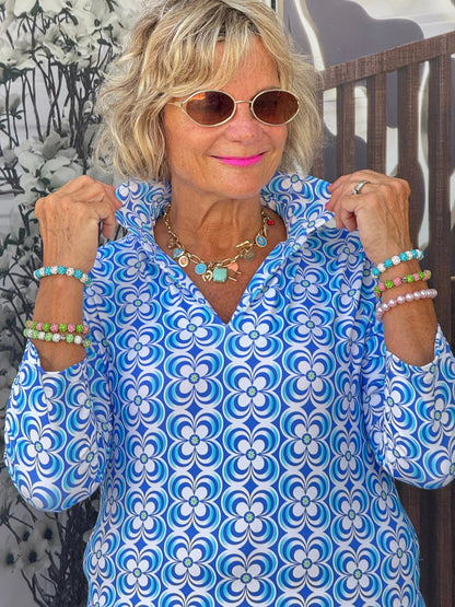 LULU B COASTAL BLOOM 3/4 SLEEVE V-NECK COLLAR SHIRT