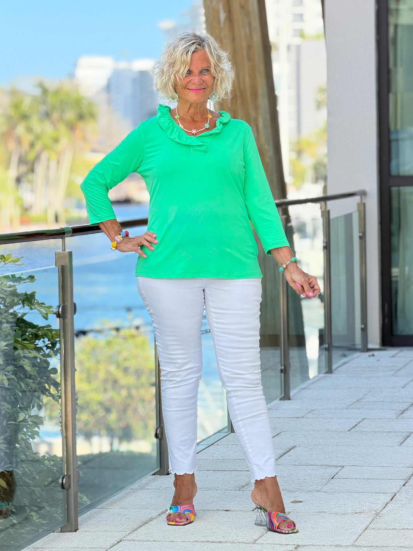 COASTAL GREEN RUFFLE SLEEVE TOP