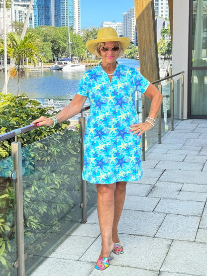 LULU B STARFISH SPLASH HALF ZIPPER SHORT SLEEVE DRESS