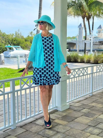 LULU B NAVY MEDALLION SHIFT RUFFLE DRESS