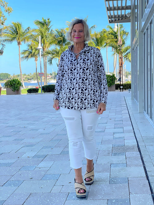 BLACK AND BEIGE PALM ZIPPER TOP