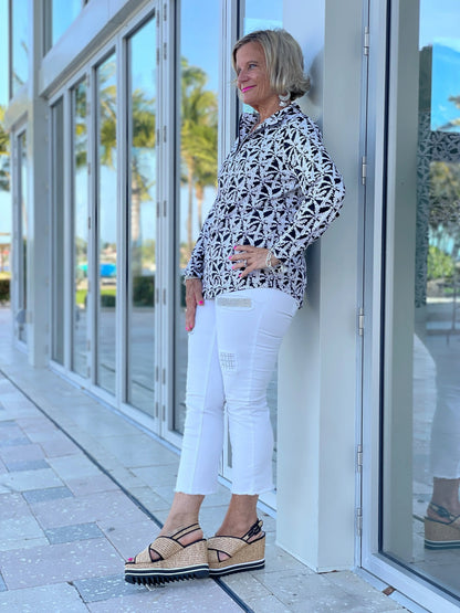BLACK AND BEIGE PALM ZIPPER TOP