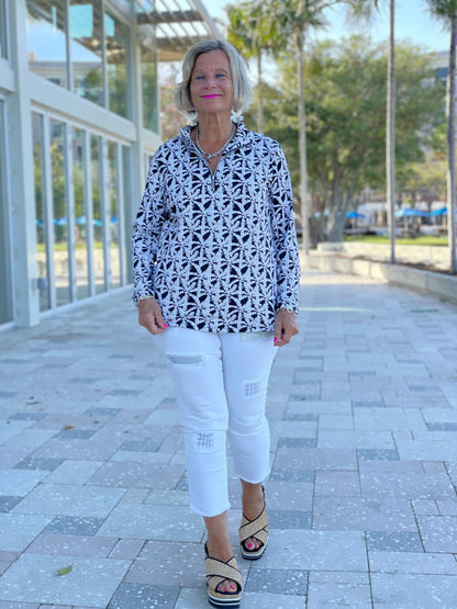 BLACK AND BEIGE PALM ZIPPER TOP
