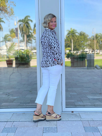 BLACK AND BEIGE PALM ZIPPER TOP