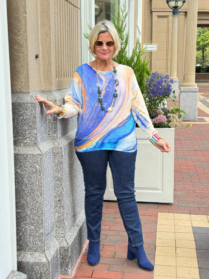 Blue Wavy Round Neck Knit Printed Sweater