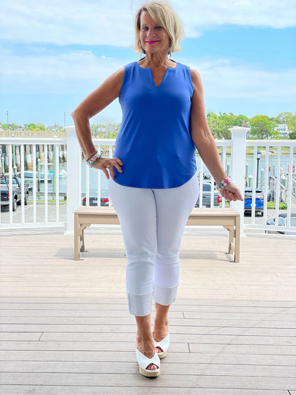 BLUE SLEEVELESS V-NECK TOP