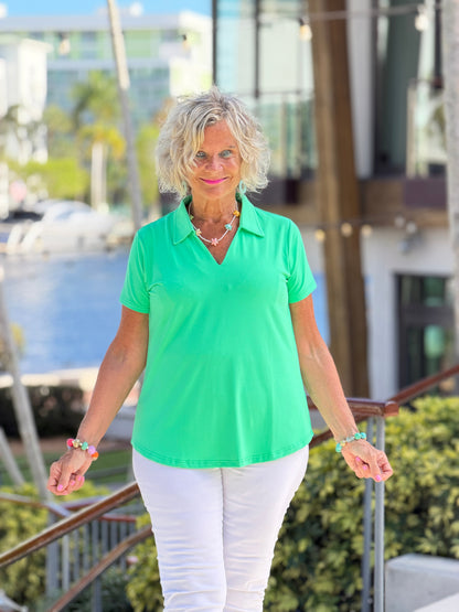 COASTAL GREEN SHORT SLEEVE COLLAR TOP
