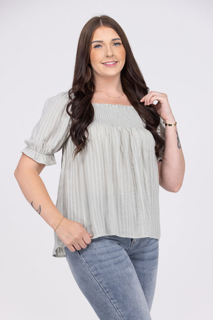 Feel The Energy Women's Striped Smocked Short Puff Sleeve Top