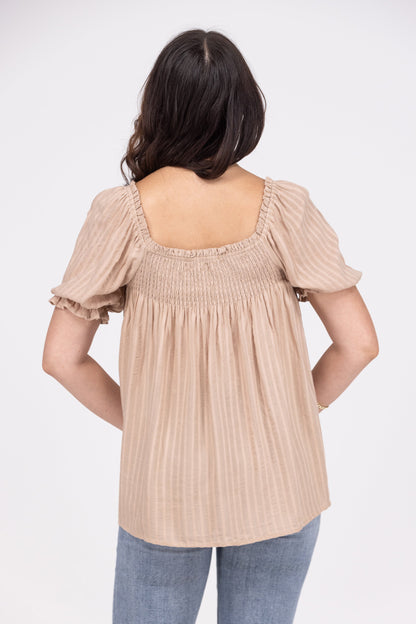 Feel The Energy Women's Striped Smocked Short Puff Sleeve Top