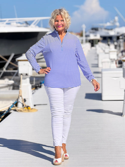 HARBOR BLUE STRIPED HALF ZIPPER TOP