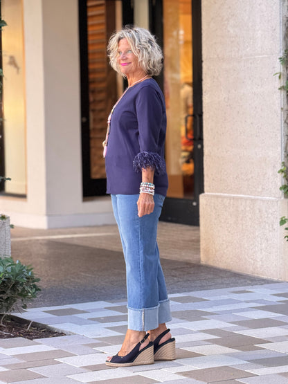 LULU-B NAVY CASHMERE SCOOP NECK FRINGE TOP
