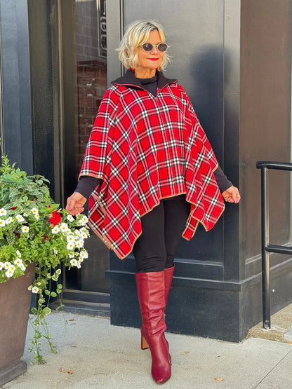 Flannel Plaid Zip Front Poncho RED AND BLACK