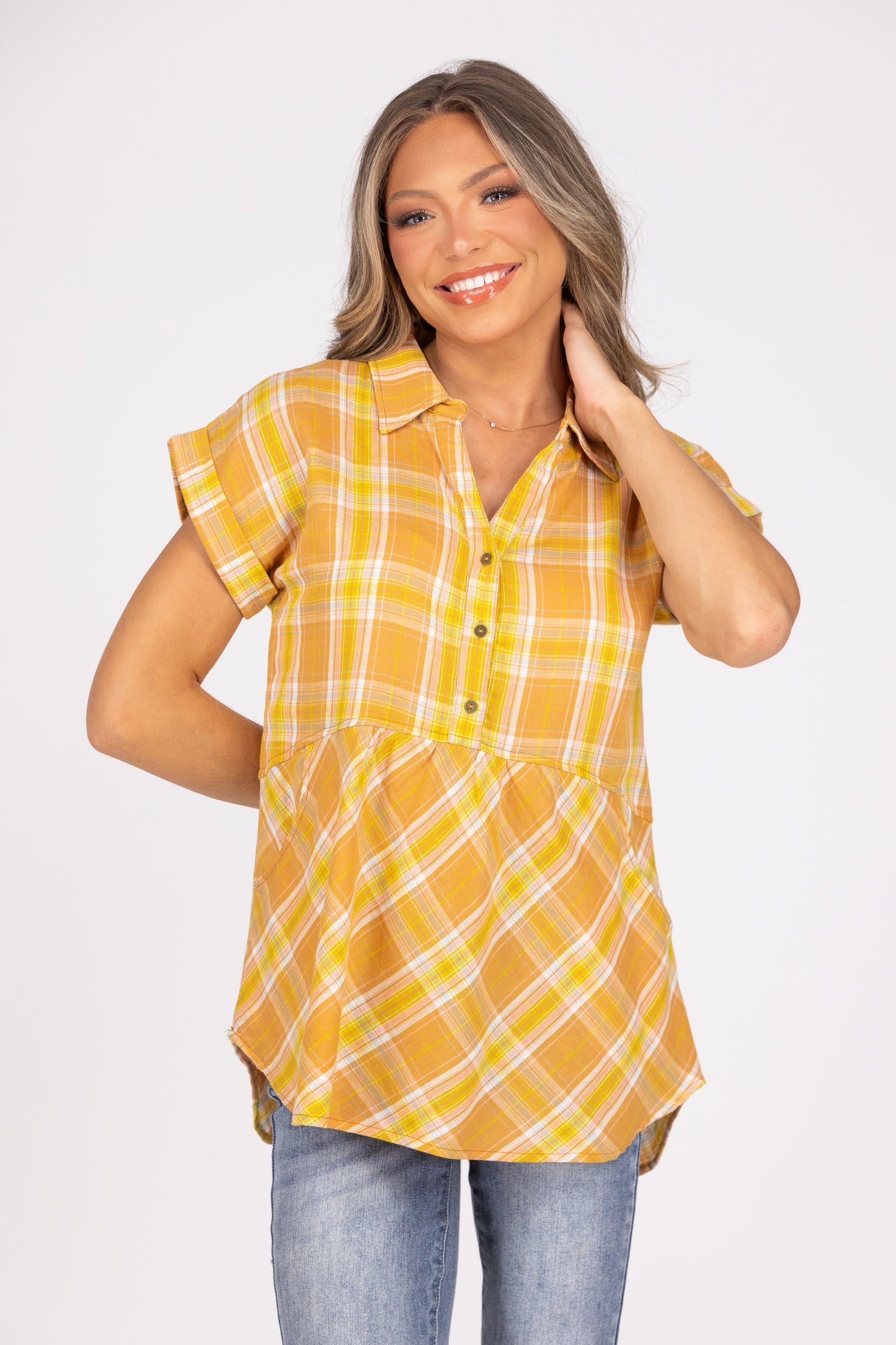 Live Tonight Women's Baby Doll 1/2 Button Up Collared Short Sleeve Top