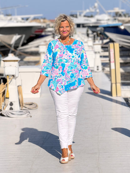 LULU B PALM BEACH SPLASH ASYMMETRIC TOP