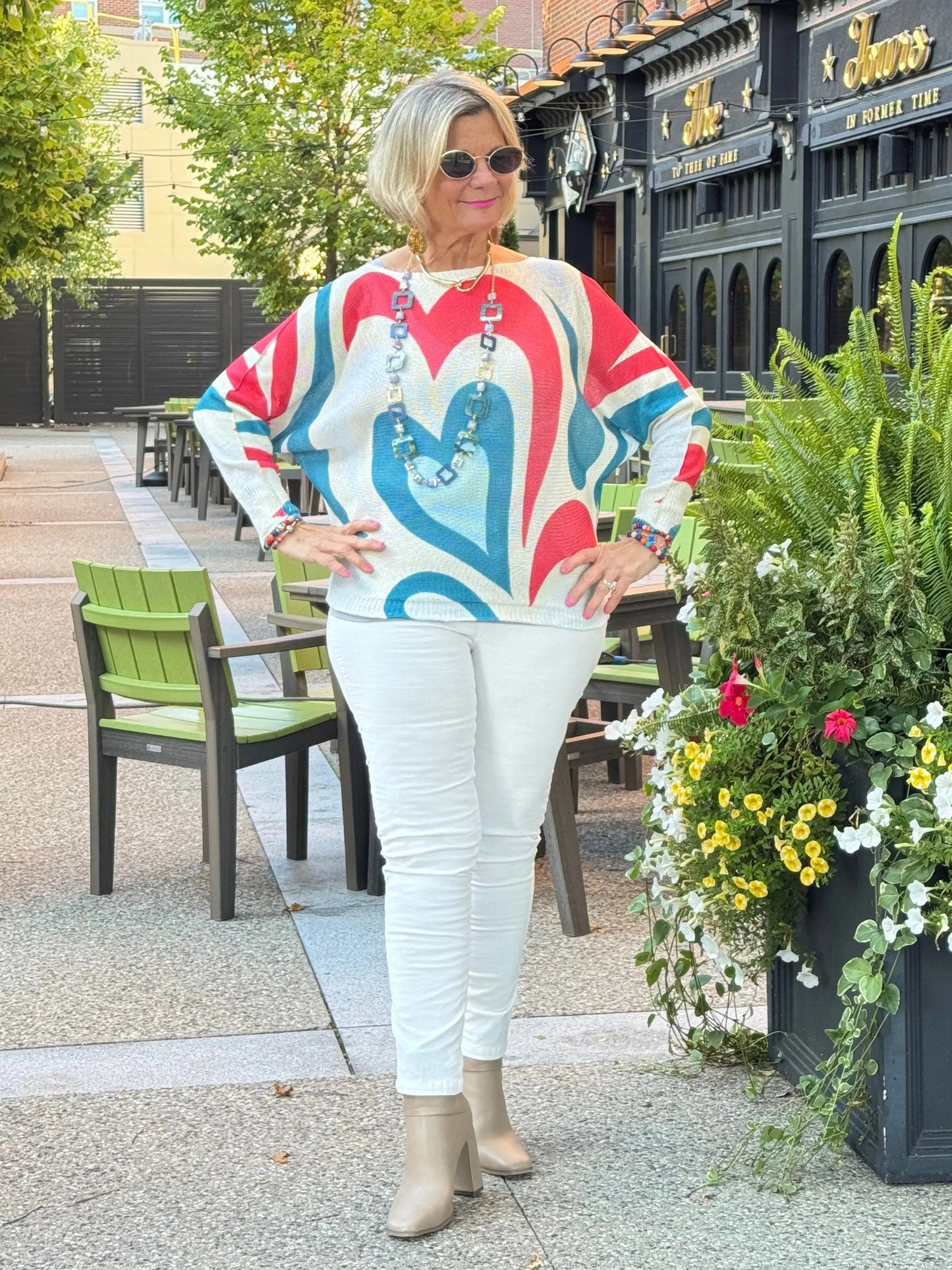 Beige Heart Round Knit Printed Sweater
