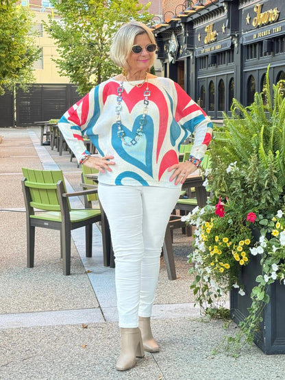 Beige Heart Round Knit Printed Sweater