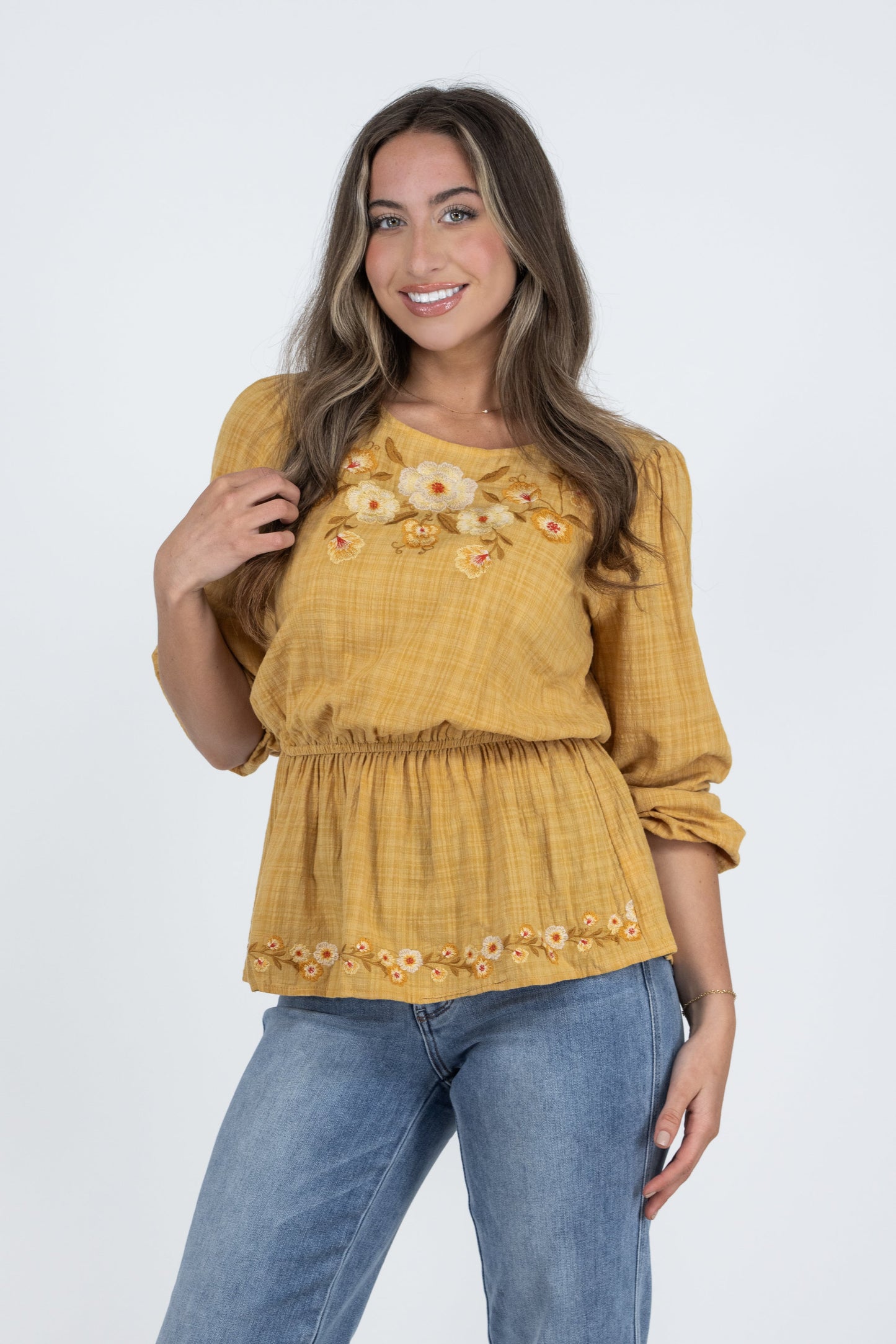 The Marlow Women's Embroidered Flared Long Sleeve Top
