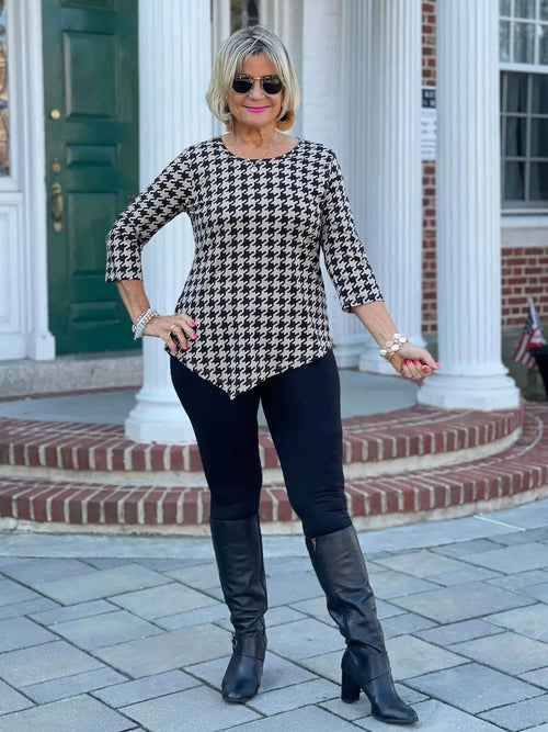 KHAKI HOUNDSTOOTH ASYMMETRIC TOP FINAL SALE