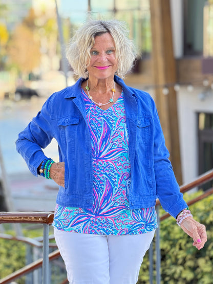 LULU B PALM ROYALE V NECK TOP