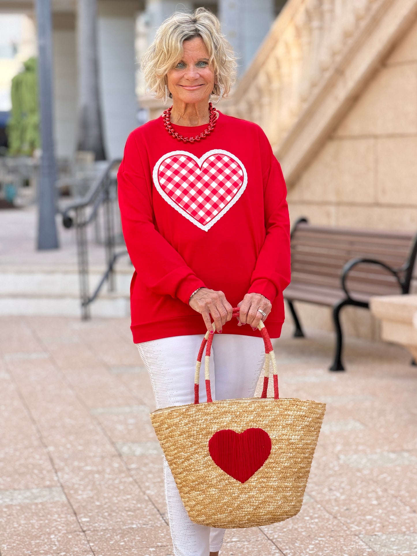 Faux Straw Heart Tote BAg