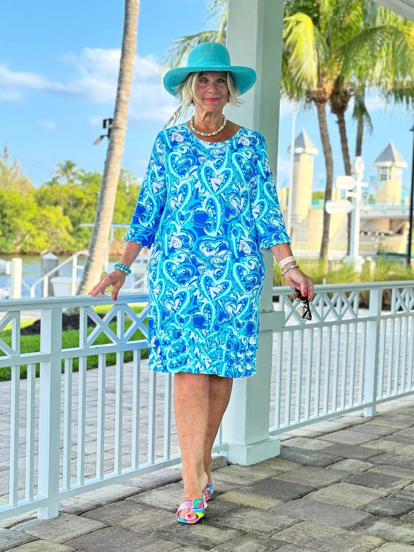 BLUE DREAMING HEARTS RUFFLE SLEEVE DRESS