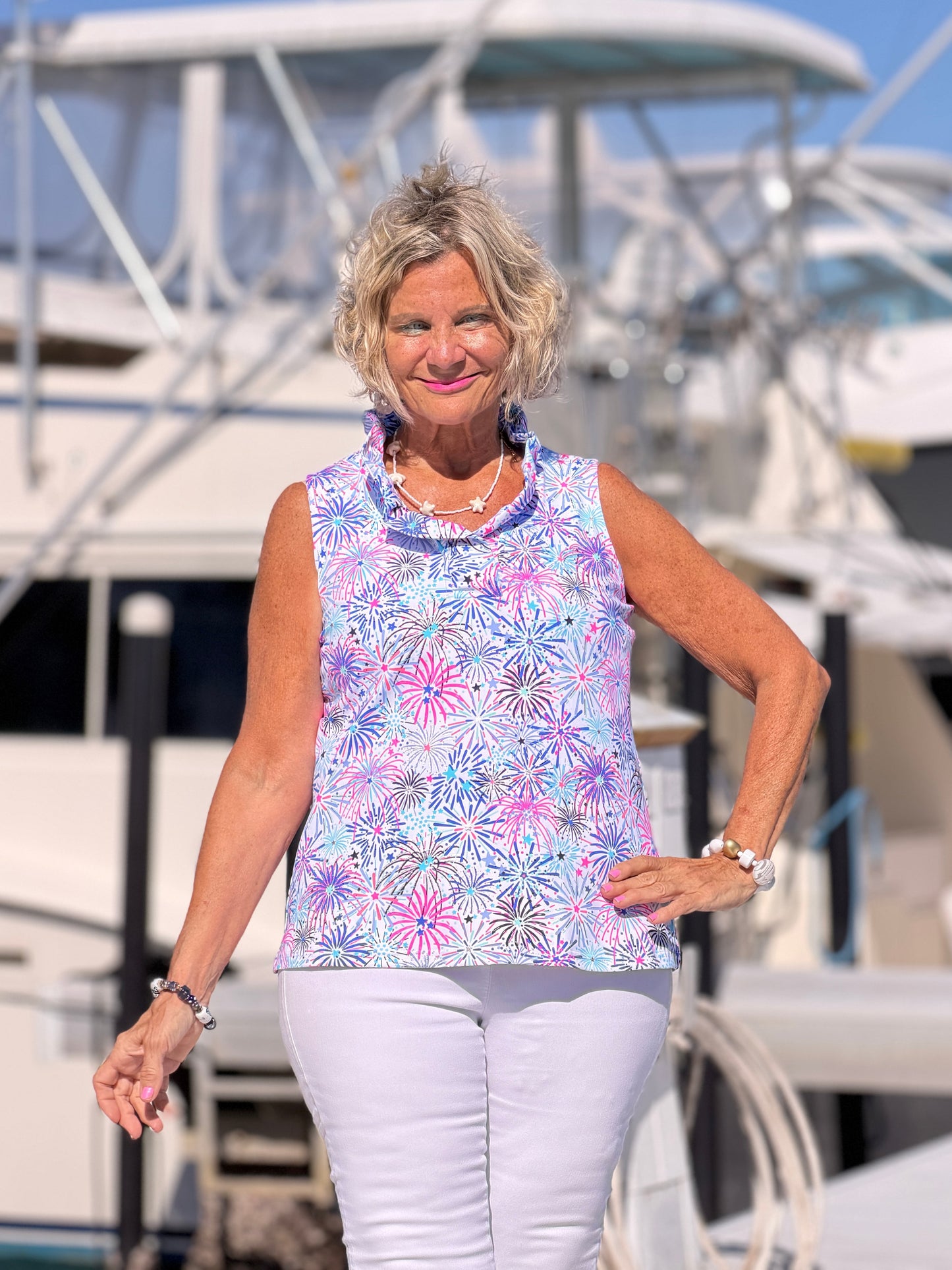 LULU B FIRECRAKER SLEEVELESS RUFFLE TOP