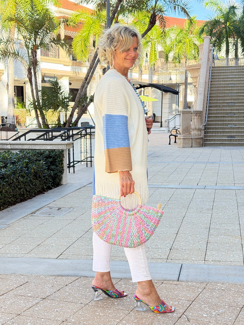 Faux Straw Multi Color Round Handle Tote Bag