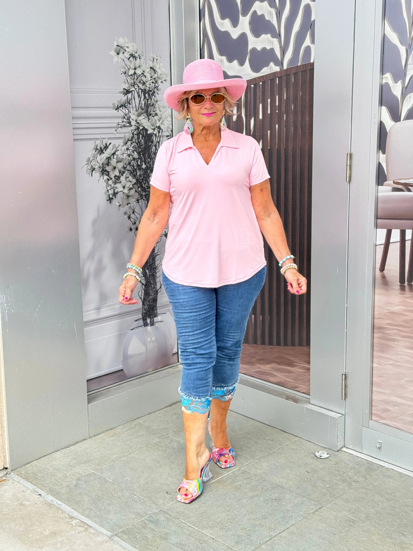 LULU-B CLEAR PINK SHORT SLEEVE COLLAR