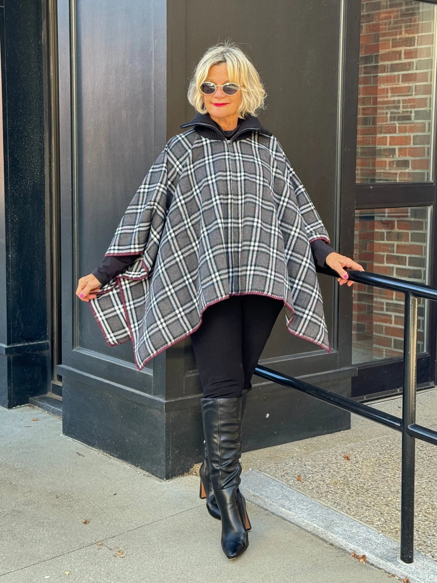 Flannel Plaid Zip Front Poncho
