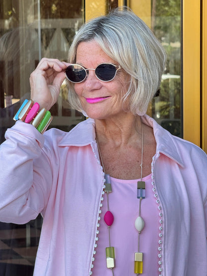 Crystal Zipper Cardigan with Collar Pink