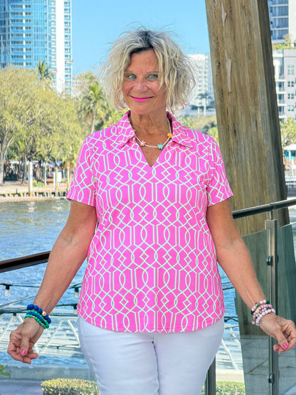 LULU B PALM BEACH LATTIC COLLAR SHORT SLEEVE