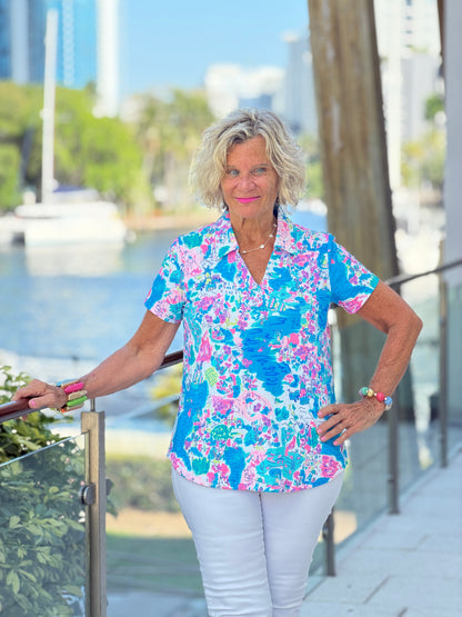 LULU B PALM BEACH SPLASH COLLAR SHORT SLEEVE