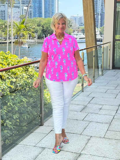 LULU B SEAHORSE BAY SHORT SLEEVE V-NECK COLLAR TOP