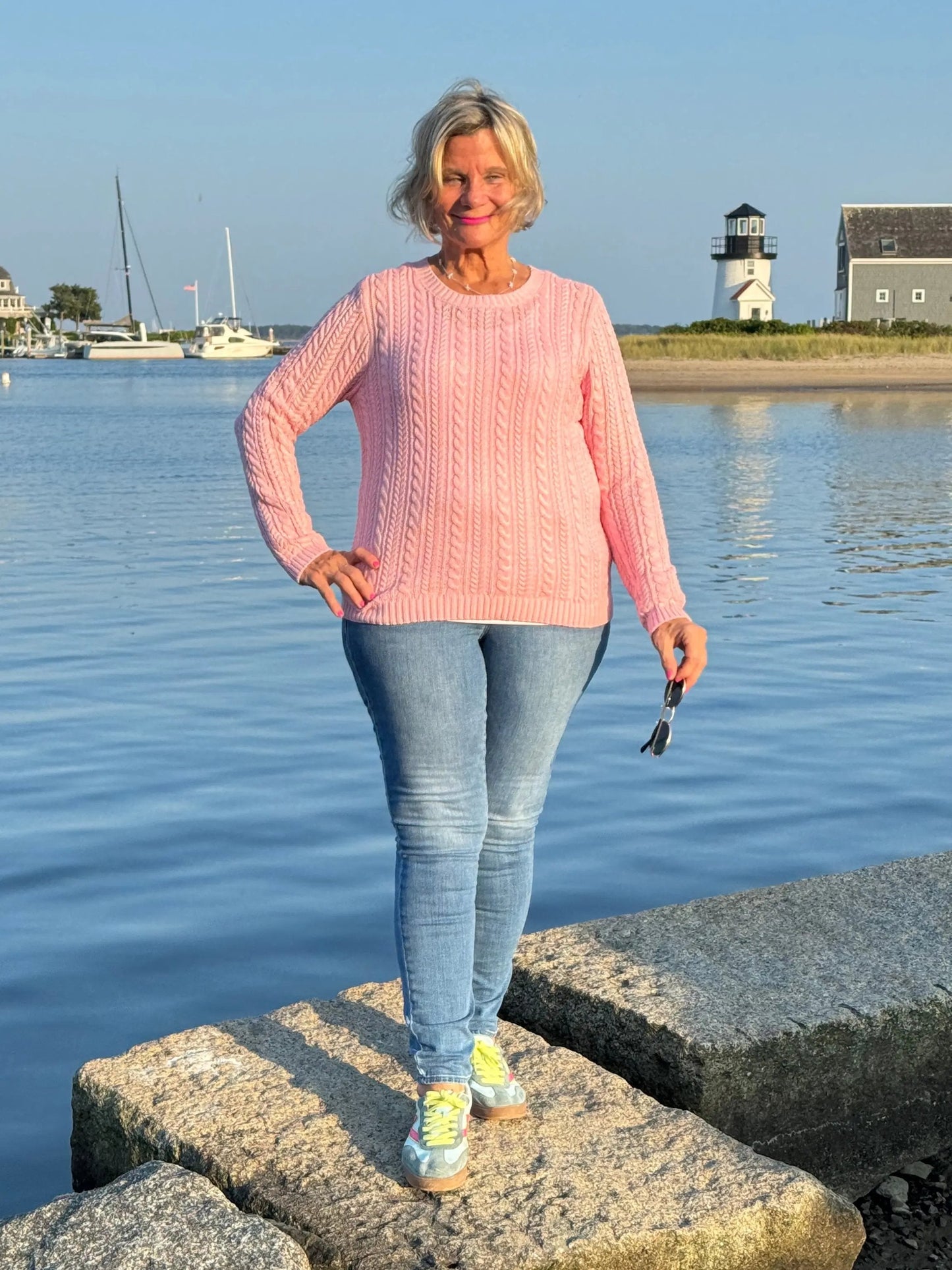 Cable-Knit Cotton PINK CREW Neck Sweater