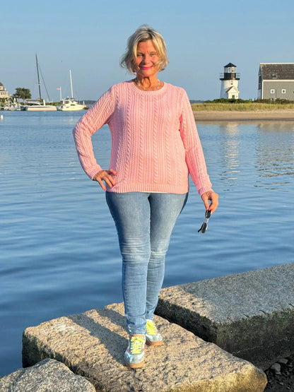 Cable-Knit Cotton PINK CREW Neck Sweater