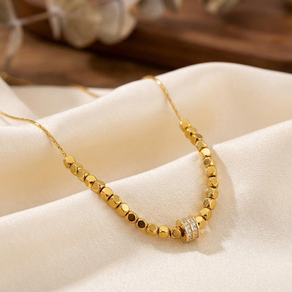 ALB Custom Gold Pebble Beaded Necklace With Pave Crystal Charm