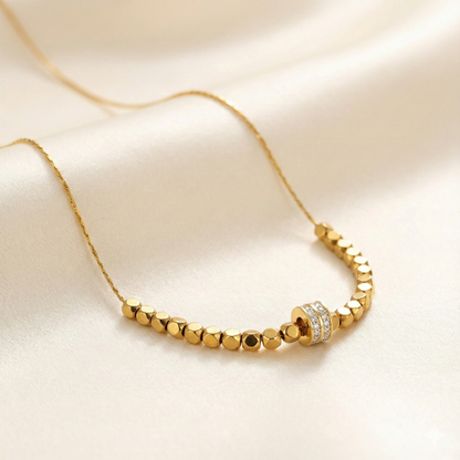 ALB Custom Gold Pebble Beaded Necklace With Pave Crystal Charm