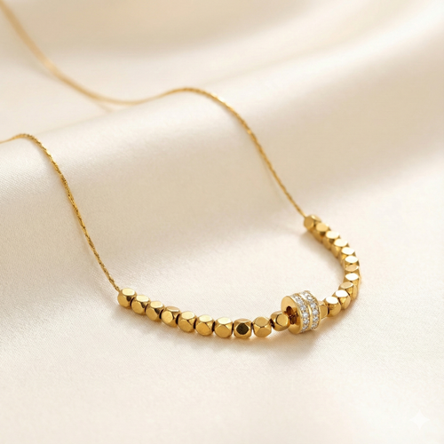 ALB Custom Gold Pebble Beaded Necklace With Pave Crystal Charm