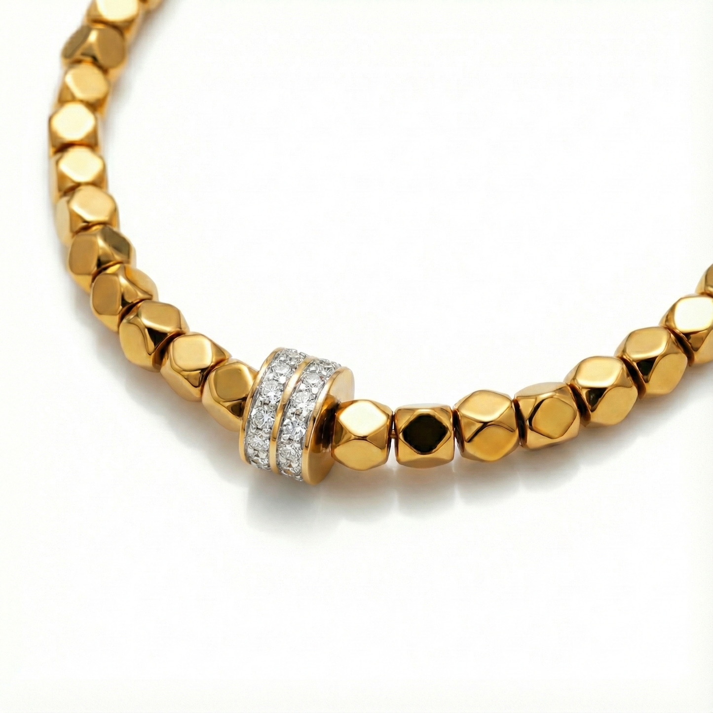 ALB Custom Gold Pebble Beaded Necklace With Pave Crystal Charm