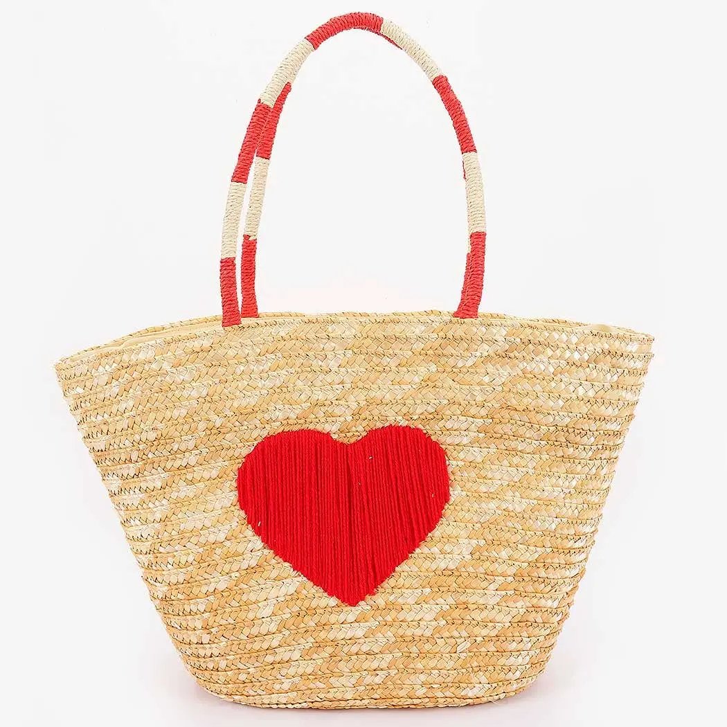 Faux Straw Heart Tote BAg