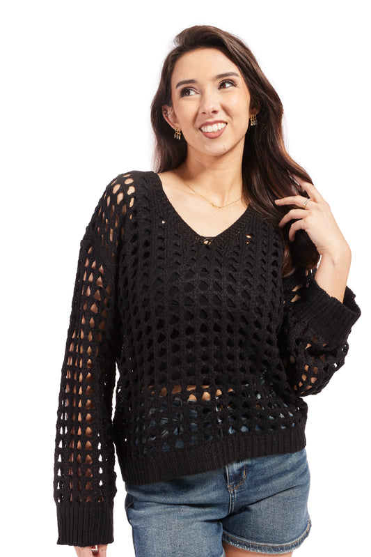 Women's Open Knit Sweater-Black
