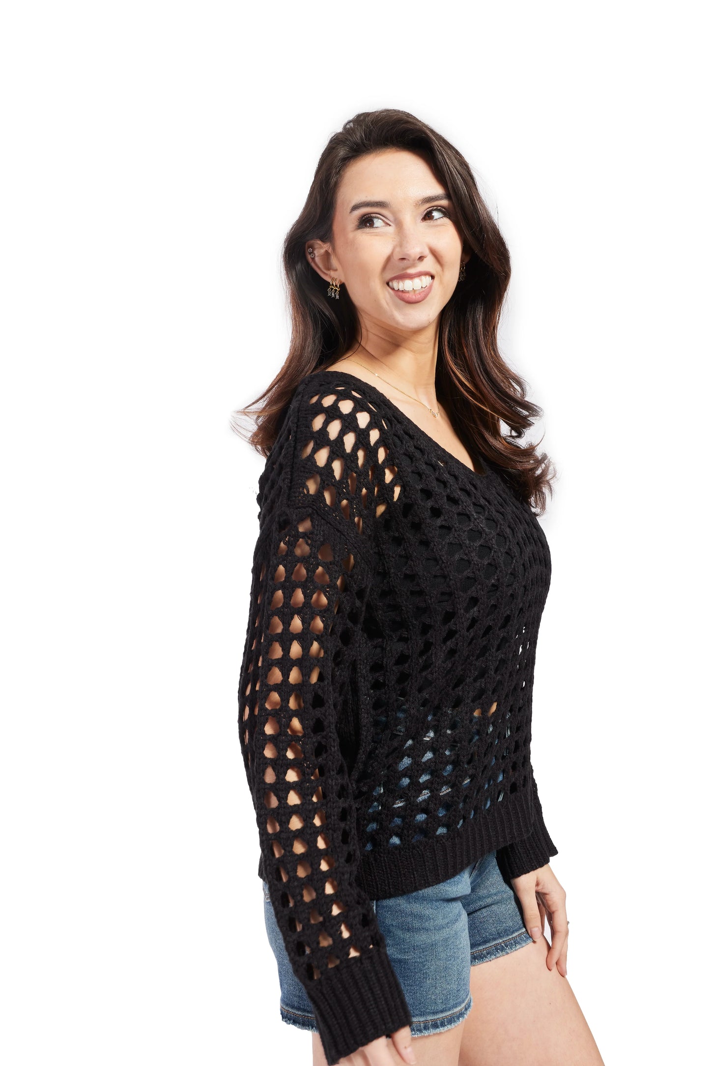 Women's Open Knit Sweater-Black